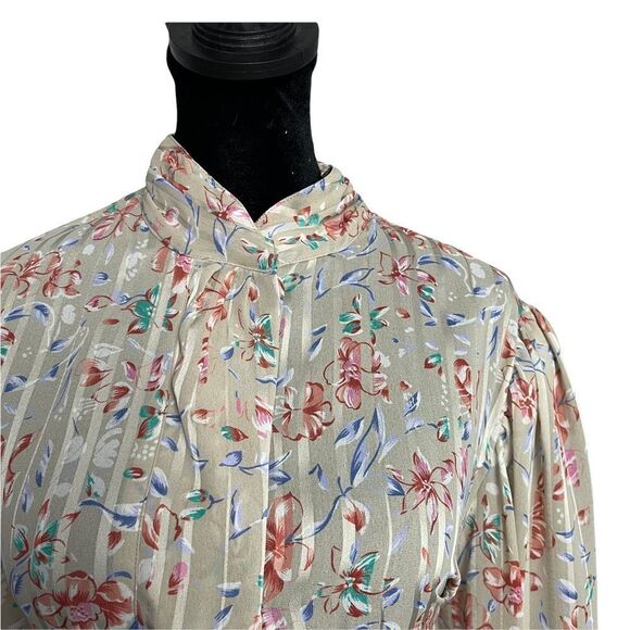 Linea V Button Up Shirt Women's 14 Multicolor Floral Print VTG Secretary Sheer - Picture 8 of 9